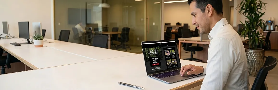 Ecommerce founder reviewing revenue growth dashboard on laptop screen with visible satisfaction in natural office light Ecommerce founder reviewing revenue growth dashboard on laptop screen with visible satisfaction in natural office light