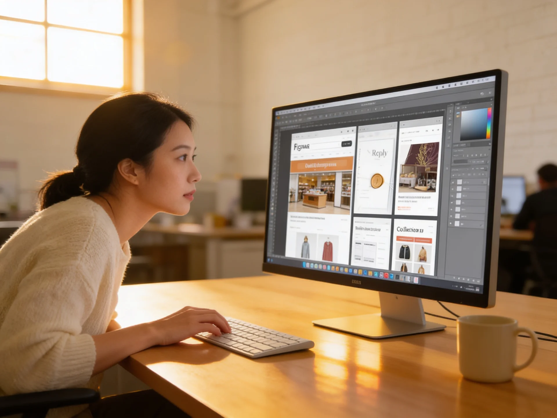 Ecommerce designer reviewing platform storefront mockup in Figma on a large monitor Ecommerce designer reviewing platform storefront mockup in Figma on a large monitor
