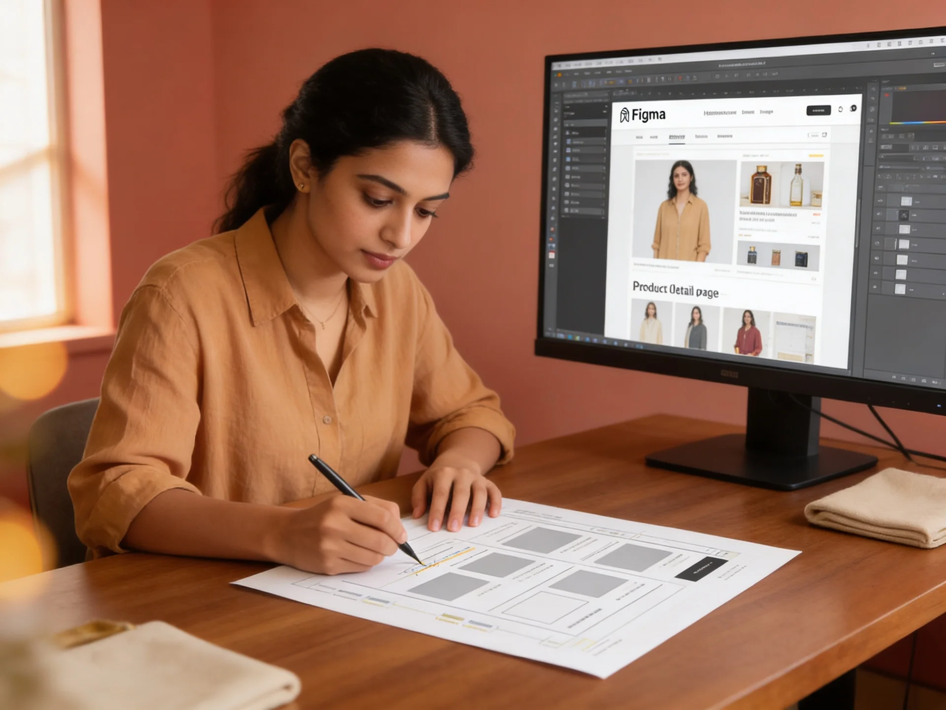User experience designer annotating ecommerce wireframe with component specs in Figma User experience designer annotating ecommerce wireframe with component specs in Figma