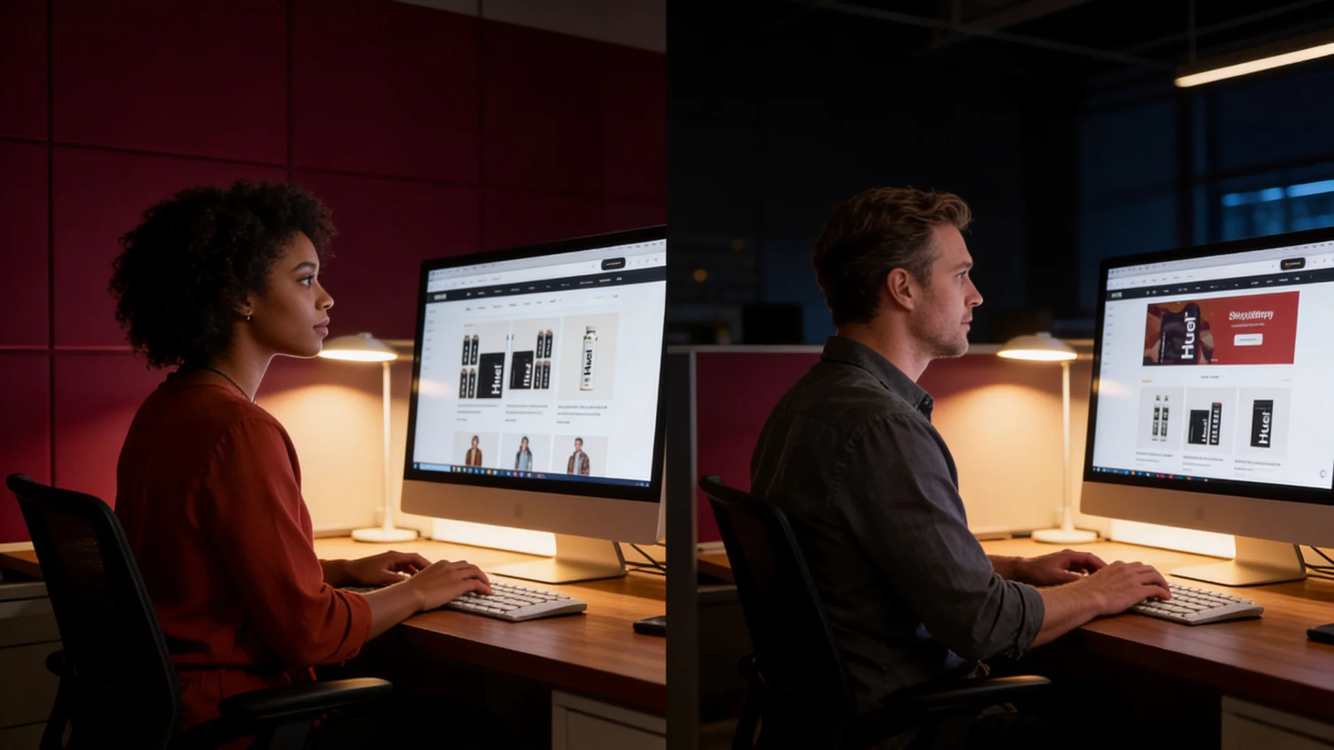 Ecommerce design team reviewing a platform storefront in a dark studio setting Ecommerce design team reviewing a platform storefront in a dark studio setting