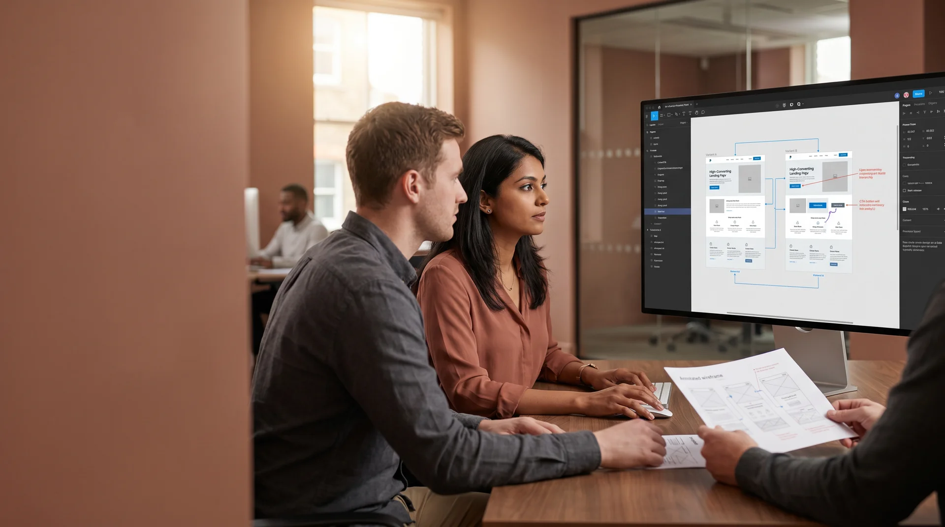 A polished ecommerce storefront homepage visible on a monitor while a designer annotates a component library in Figma on a second screen, calm after state A polished ecommerce storefront homepage visible on a monitor while a designer annotates a component library in Figma on a second screen, calm after state