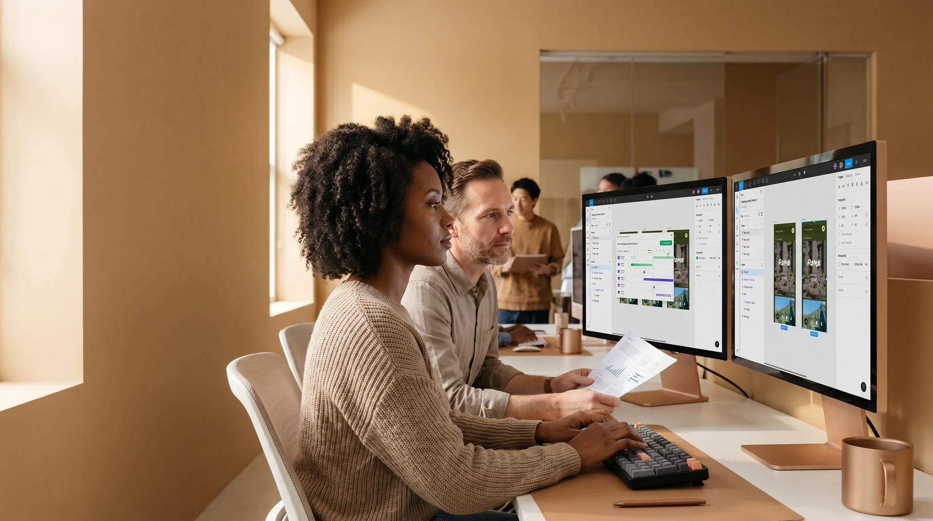 A Figma canvas with a marketing website homepage wireframe and a component library visible while a designer annotates spacing A Figma canvas with a marketing website homepage wireframe and a component library visible while a designer annotates spacing