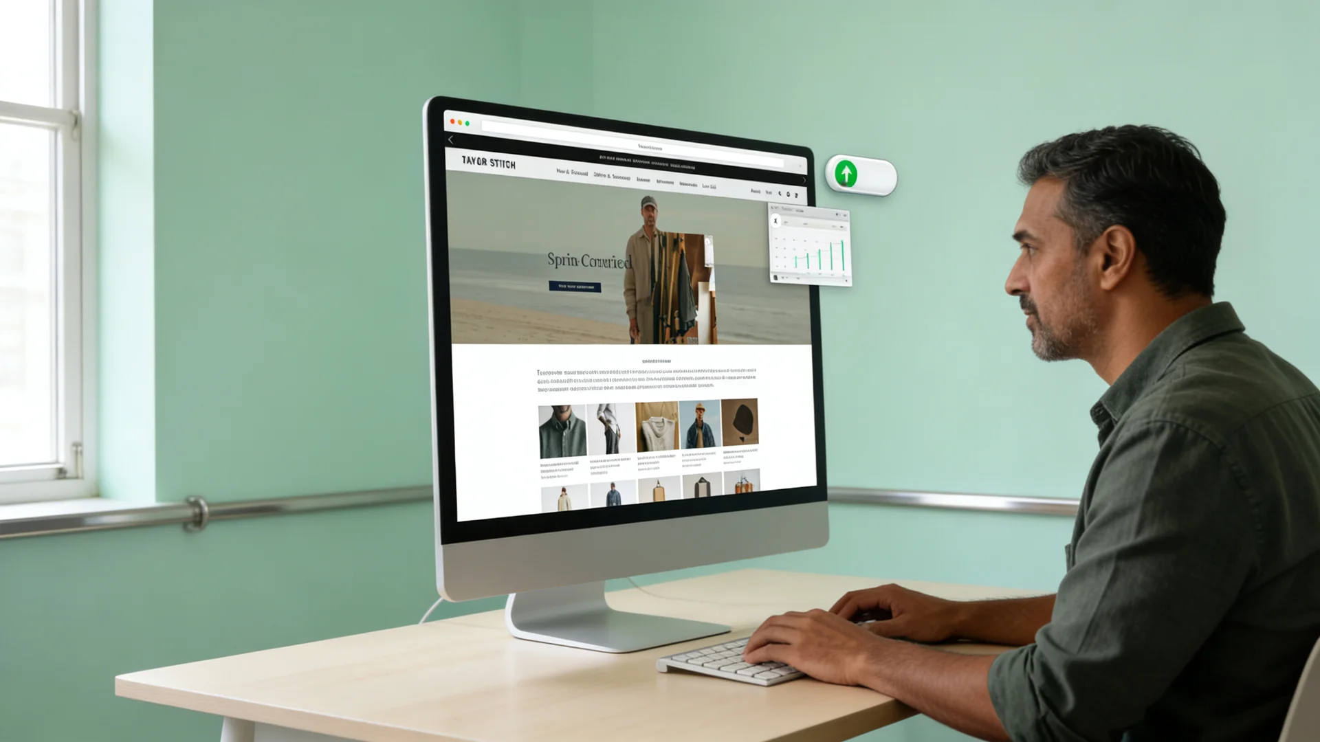 A polished personal brand website homepage mockup with a long form article layout and a podcast episode card grid visible