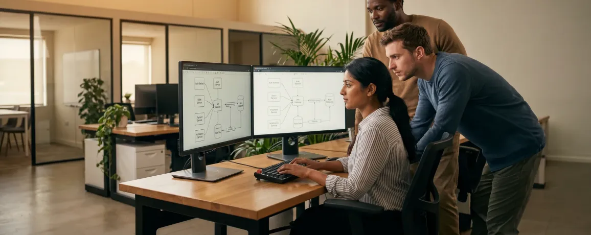 Engineering team reviewing software architecture on large monitor displays, natural light from windows Engineering team reviewing software architecture on large monitor displays, natural light from windows