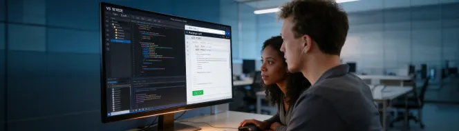 Developer pair programming on a complex integration build Developer pair programming on a complex integration build