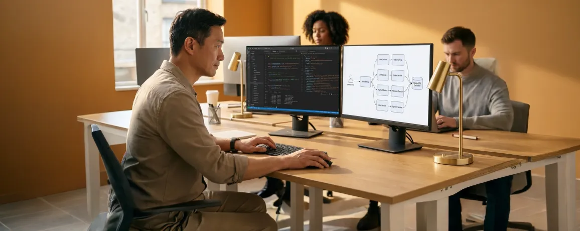 Senior developer reviewing web application architecture diagrams at dual monitors, natural afternoon window light Senior developer reviewing web application architecture diagrams at dual monitors, natural afternoon window light