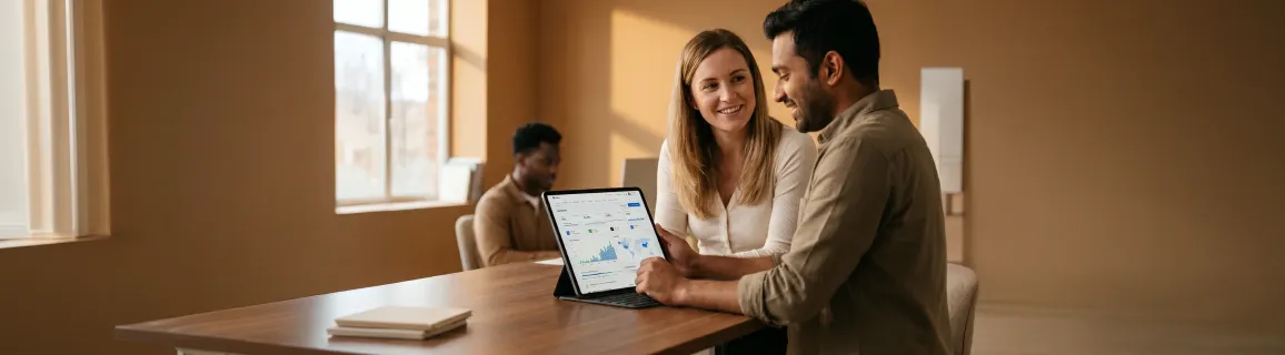 Developer and product owner reviewing a web application together on a tablet at a standing desk, warm office light Developer and product owner reviewing a web application together on a tablet at a standing desk, warm office light
