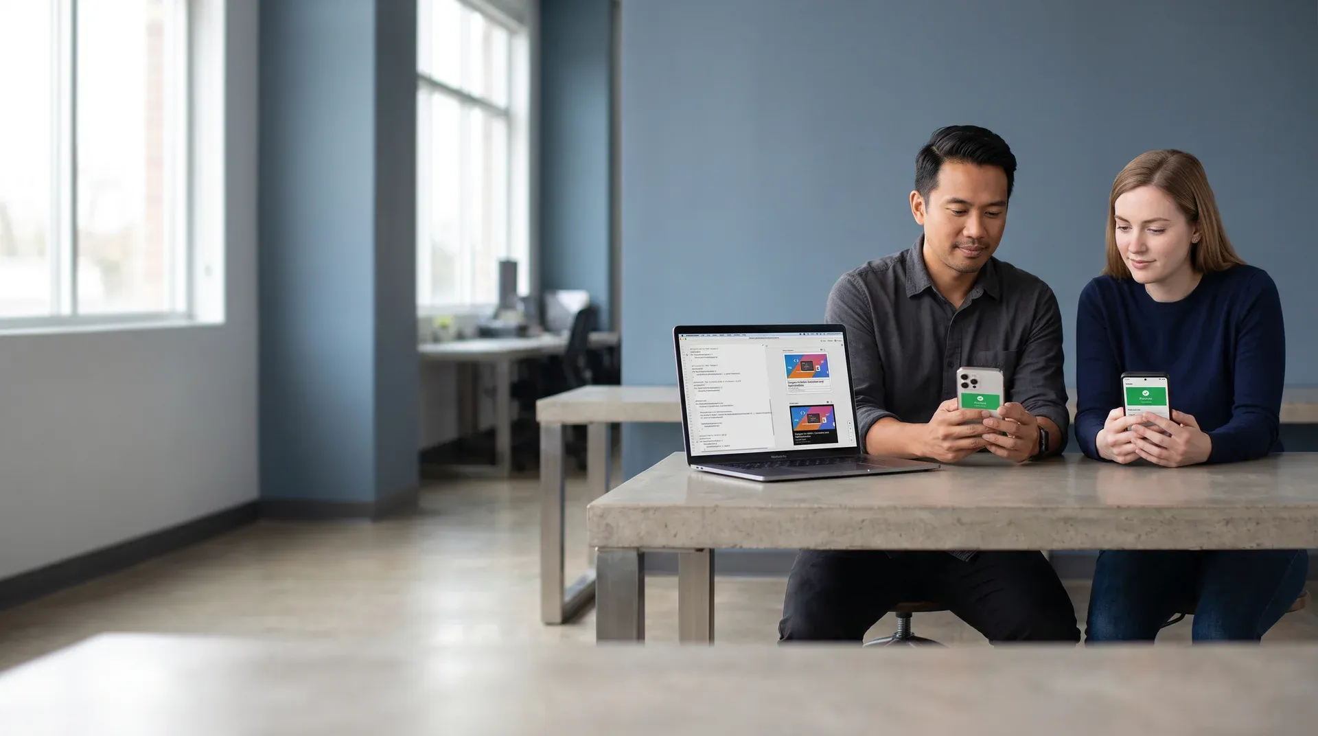 Two mobile developers doing final device testing on iOS and Android phones before app store submission