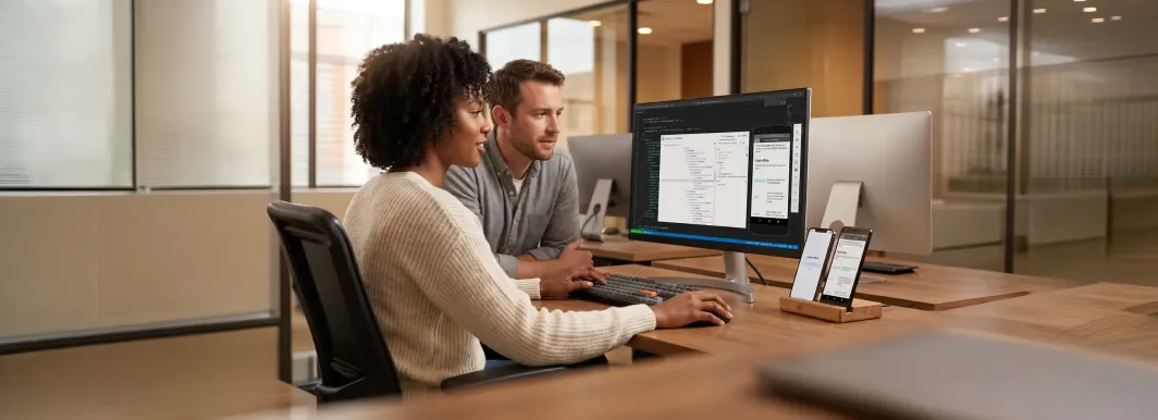 Product team reviewing the same app running on iOS and Android devices side by side in a natural workspace Product team reviewing the same app running on iOS and Android devices side by side in a natural workspace
