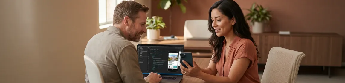 Product team reviewing cross-platform real estate app on iOS and Android in a collaborative workspace setting Product team reviewing cross-platform real estate app on iOS and Android in a collaborative workspace setting