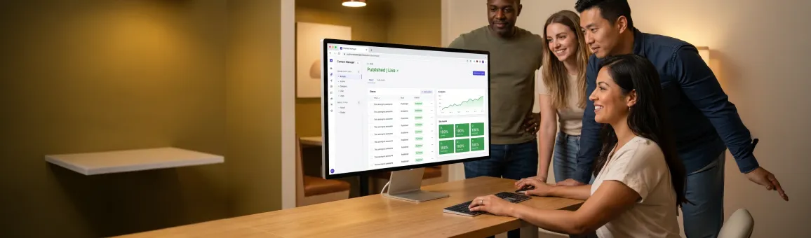 Healthcare content team managing web properties through a custom CMS at coordinated workstations in warm office light Healthcare content team managing web properties through a custom CMS at coordinated workstations in warm office light