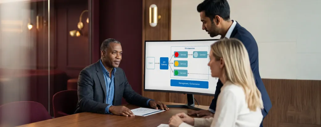 Enterprise CTO reviewing complex software architecture diagram on large curved monitor in modern workspace Enterprise CTO reviewing complex software architecture diagram on large curved monitor in modern workspace
