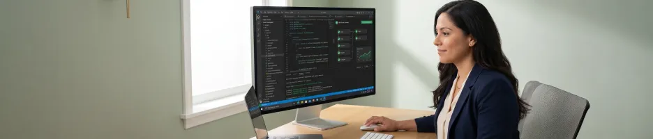 Enterprise operations team managing multiple disconnected legacy software systems across three monitors Enterprise operations team managing multiple disconnected legacy software systems across three monitors