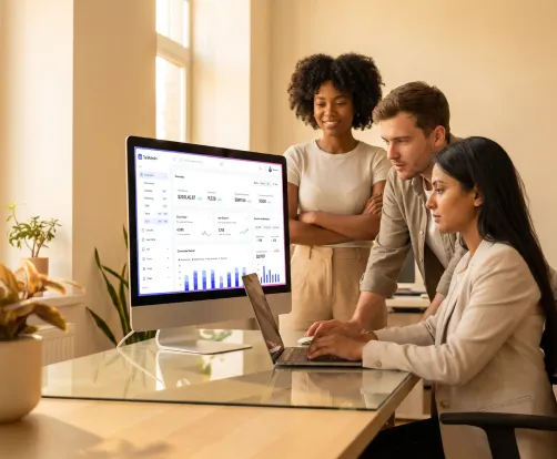 SaaS product team reviewing live analytics dashboard at launch readiness meeting in sunlit workspace SaaS product team reviewing live analytics dashboard at launch readiness meeting in sunlit workspace