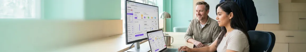Small founding team celebrating product launch milestone with analytics dashboard visible on screen Small founding team celebrating product launch milestone with analytics dashboard visible on screen