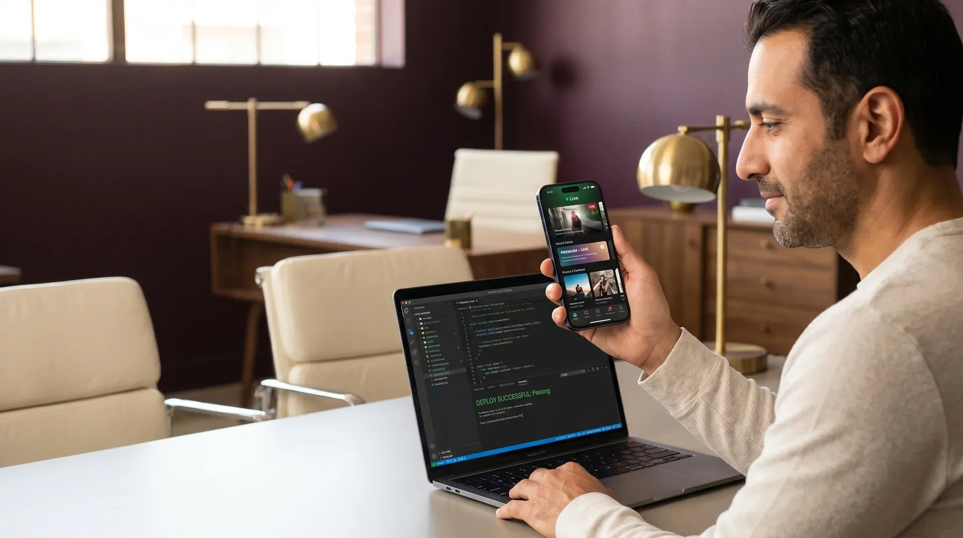 Founder reviewing the shipped MVP app on a phone with focused satisfaction in warm natural light Founder reviewing the shipped MVP app on a phone with focused satisfaction in warm natural light