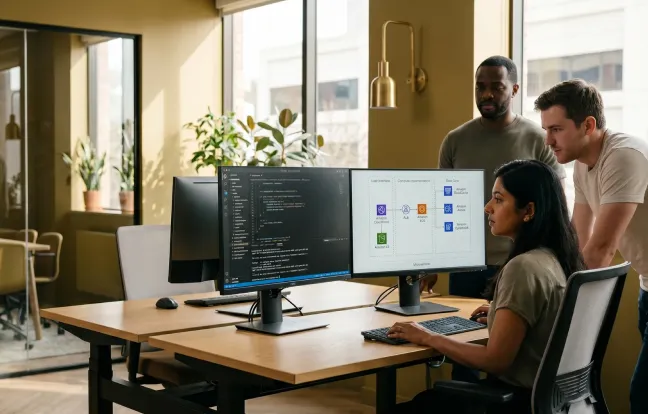 Developer reviewing legacy codebase on screen alongside modern cloud architecture diagram in natural light workspace Developer reviewing legacy codebase on screen alongside modern cloud architecture diagram in natural light workspace