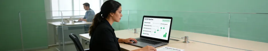 Modernization engineer at a calm organized desk reviewing a green passing CI/CD pipeline after legacy migration Modernization engineer at a calm organized desk reviewing a green passing CI/CD pipeline after legacy migration