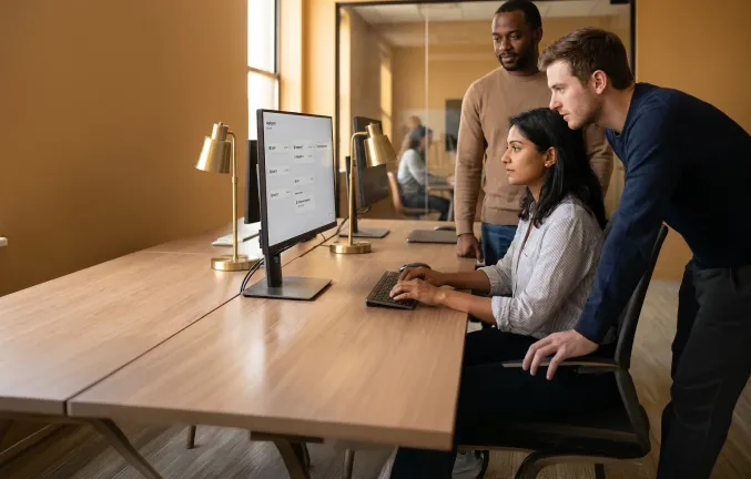 DevOps engineers monitoring CI/CD pipelines across multiple screens in warm technical office lighting DevOps engineers monitoring CI/CD pipelines across multiple screens in warm technical office lighting