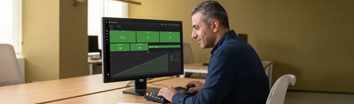 Senior engineer reviewing a fully green CI/CD dashboard with satisfied focus in natural office light Senior engineer reviewing a fully green CI/CD dashboard with satisfied focus in natural office light