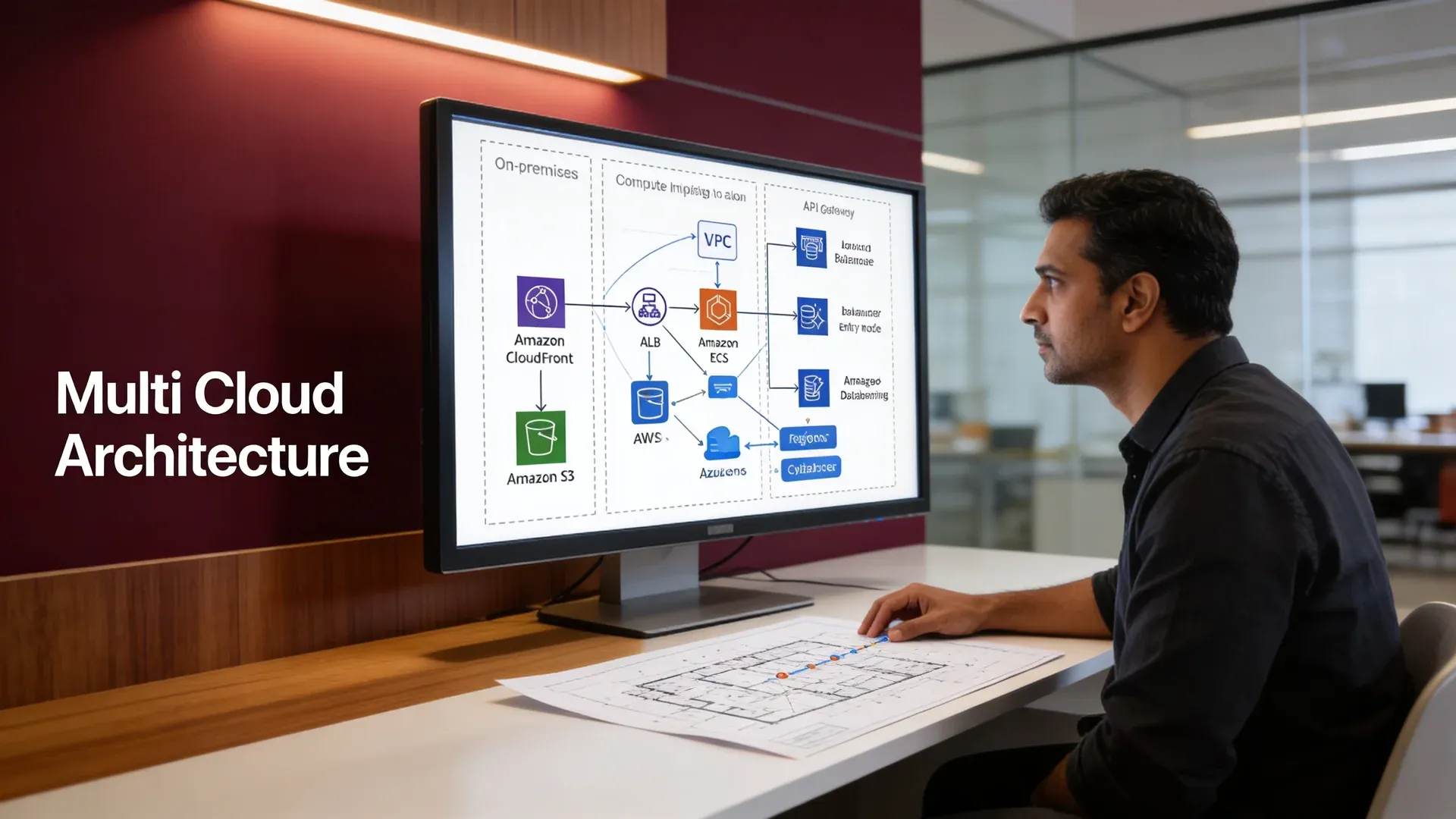 Cloud architect reviewing multi-cloud architecture dashboard at modern workstation with natural window light Cloud architect reviewing multi-cloud architecture dashboard at modern workstation with natural window light