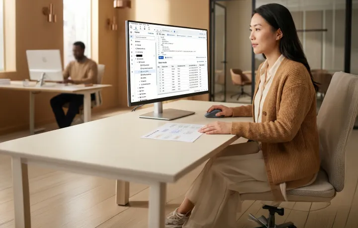 Data analyst reviewing BigQuery dashboard at multiple monitors in modern workspace with natural window light Data analyst reviewing BigQuery dashboard at multiple monitors in modern workspace with natural window light