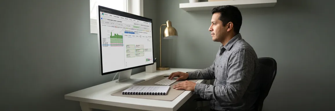 Data engineer reviewing a healthy reliable data pipeline with all tasks succeeded green, calm and satisfied in a clean modern workspace Data engineer reviewing a healthy reliable data pipeline with all tasks succeeded green, calm and satisfied in a clean modern workspace