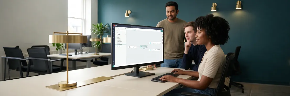 Data analytics team reviewing clean centralized dbt lineage and analytics layer on large monitor with satisfied expressions in open modern office Data analytics team reviewing clean centralized dbt lineage and analytics layer on large monitor with satisfied expressions in open modern office
