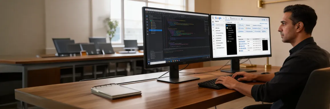 Focused data engineer at dual-monitor workstation showing Python pipeline code and BigQuery analytics interface in modern office