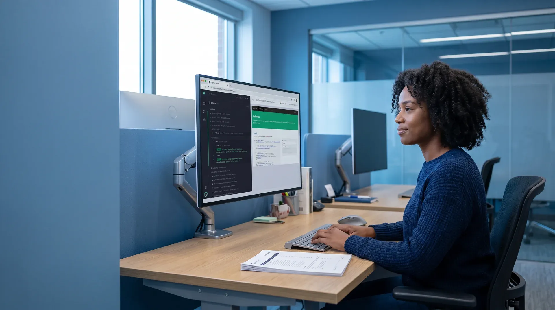 QA engineer reviewing production incident dashboard on dual monitors with urgent focused expression QA engineer reviewing production incident dashboard on dual monitors with urgent focused expression
