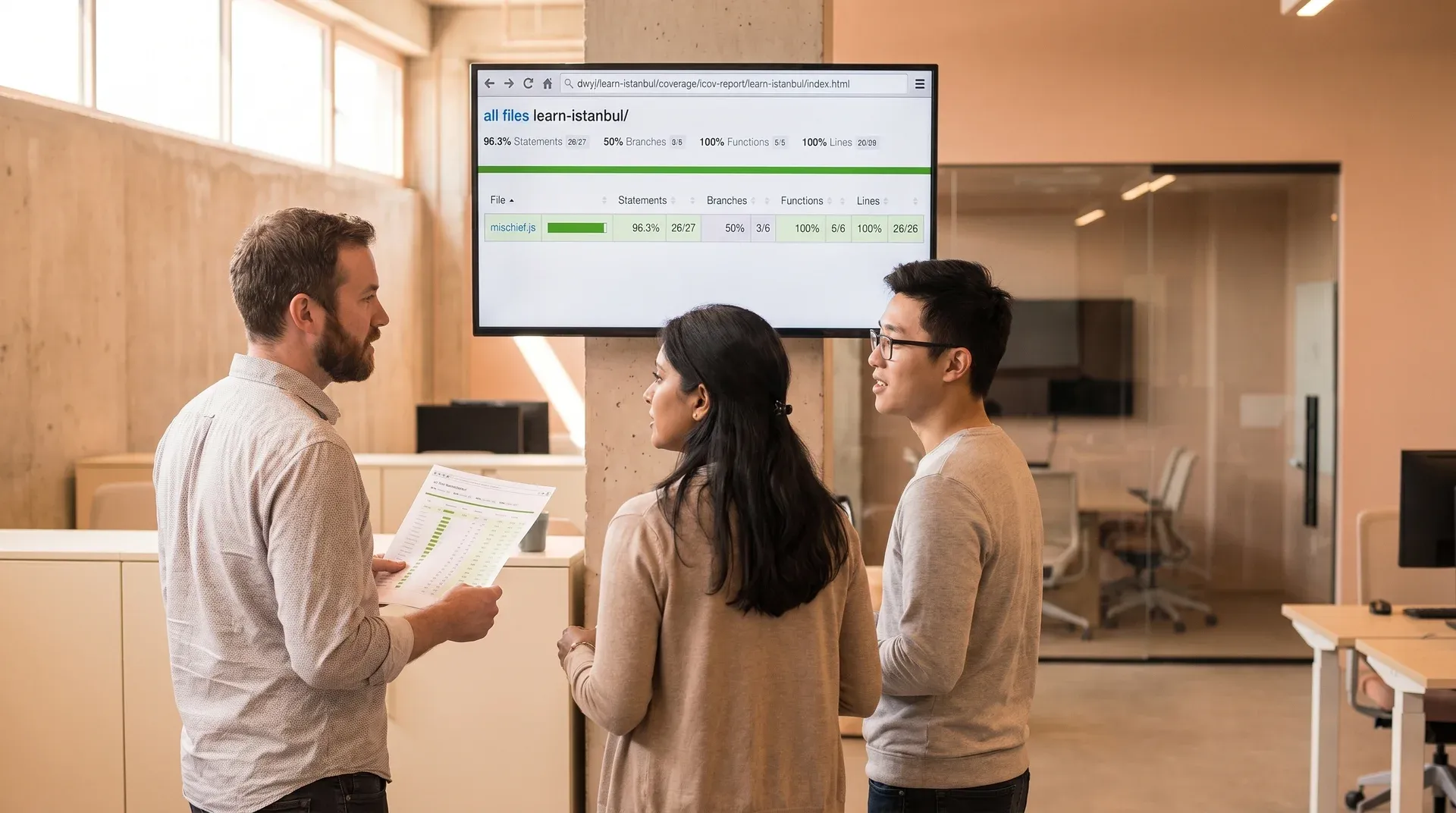 QA engineering team reviewing test coverage reports on large monitors in modern office space QA engineering team reviewing test coverage reports on large monitors in modern office space