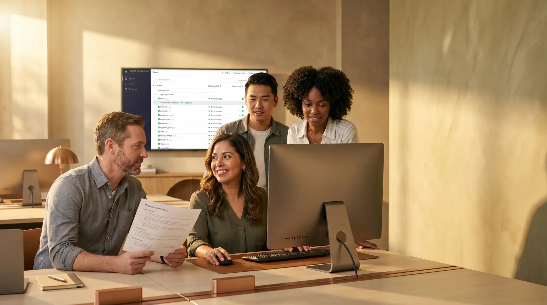 Engineering team at workstations reviewing all-green CI/CD pipeline on large monitor with satisfied expressions in modern office Engineering team at workstations reviewing all-green CI/CD pipeline on large monitor with satisfied expressions in modern office