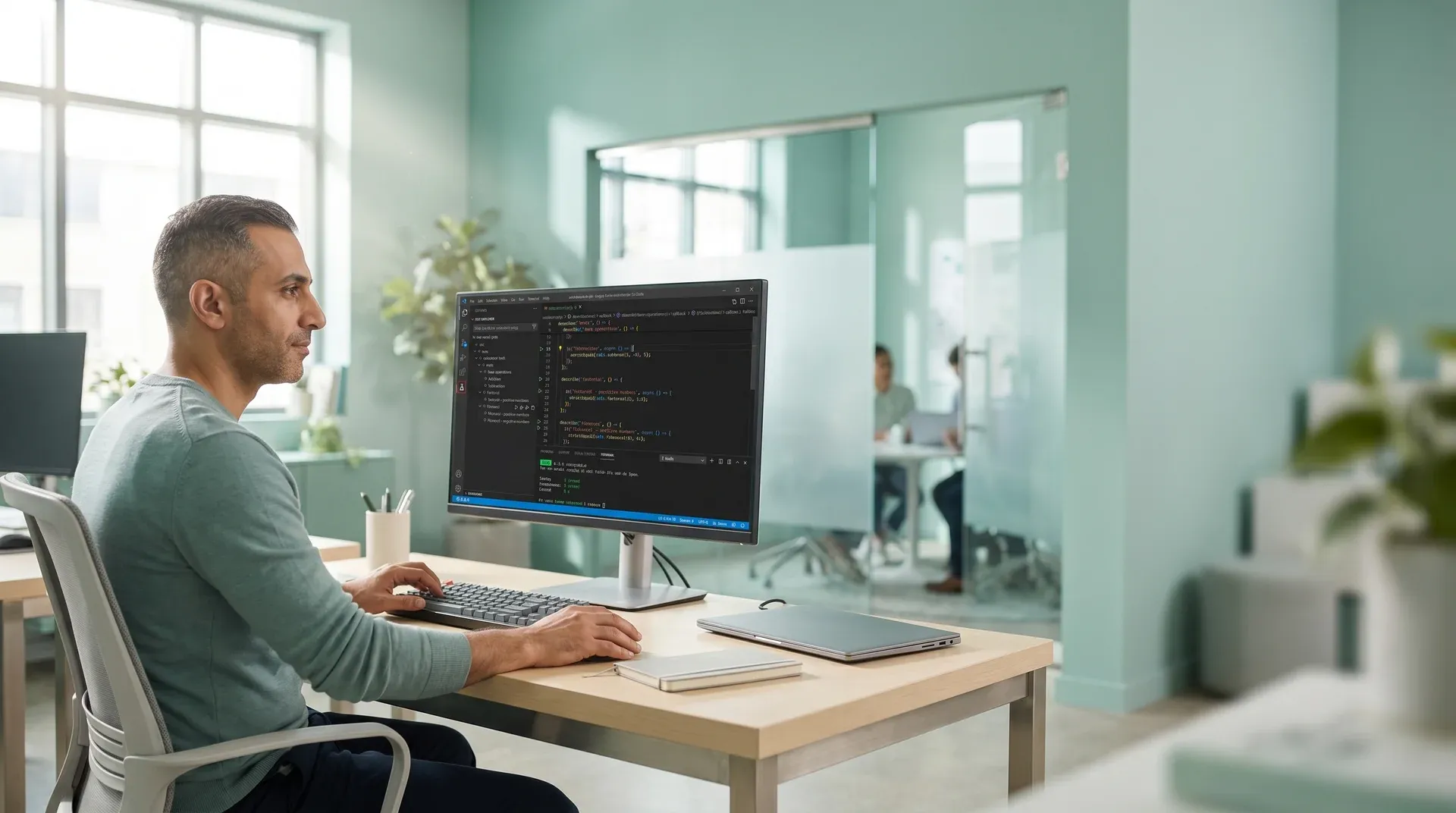 QA engineer at clean workstation reviewing all-green test suite and CI/CD pipeline on large monitor