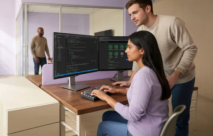Developer reviewing PWA architecture and code at a modern workstation β natural window light Developer reviewing PWA architecture and code at a modern workstation β natural window light
