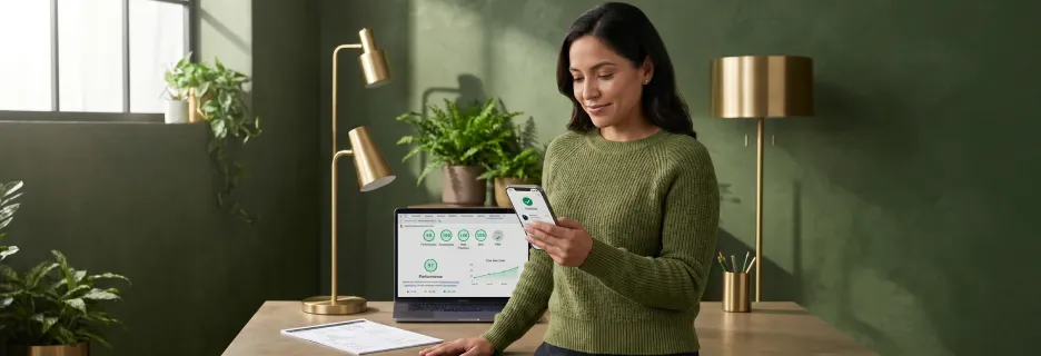 Merchant holding a phone running a fast, installed progressive web app with a green Lighthouse report on the laptop β calm, natural warm light Merchant holding a phone running a fast, installed progressive web app with a green Lighthouse report on the laptop β calm, natural warm light