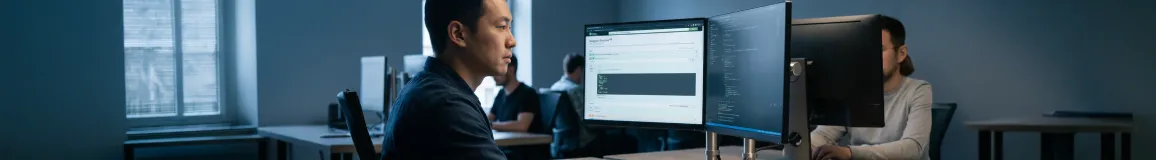 Developer reviewing structured OpenAPI documentation on dual monitors in clean workspace with natural window light and focused expression Developer reviewing structured OpenAPI documentation on dual monitors in clean workspace with natural window light and focused expression