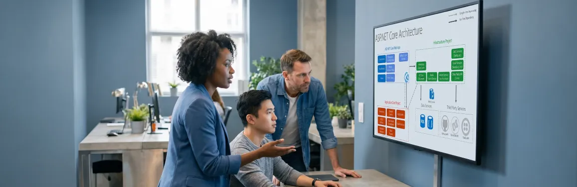 Engineering team reviewing technology architecture diagram on large monitor, focused expressions, natural office lighting Engineering team reviewing technology architecture diagram on large monitor, focused expressions, natural office lighting