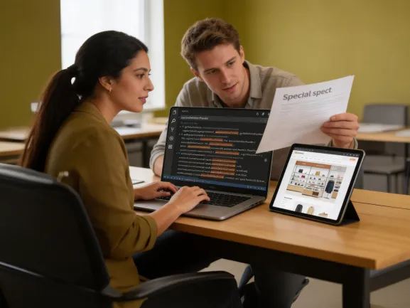 Ecommerce engineers reviewing a new storefront build in VS Code on a laptop with the rendered storefront on a tablet, collaborative, natural office light Ecommerce engineers reviewing a new storefront build in VS Code on a laptop with the rendered storefront on a tablet, collaborative, natural office light