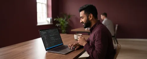 Developer reviewing successfully deployed platform on laptop, focused satisfaction, clean desk, morning light