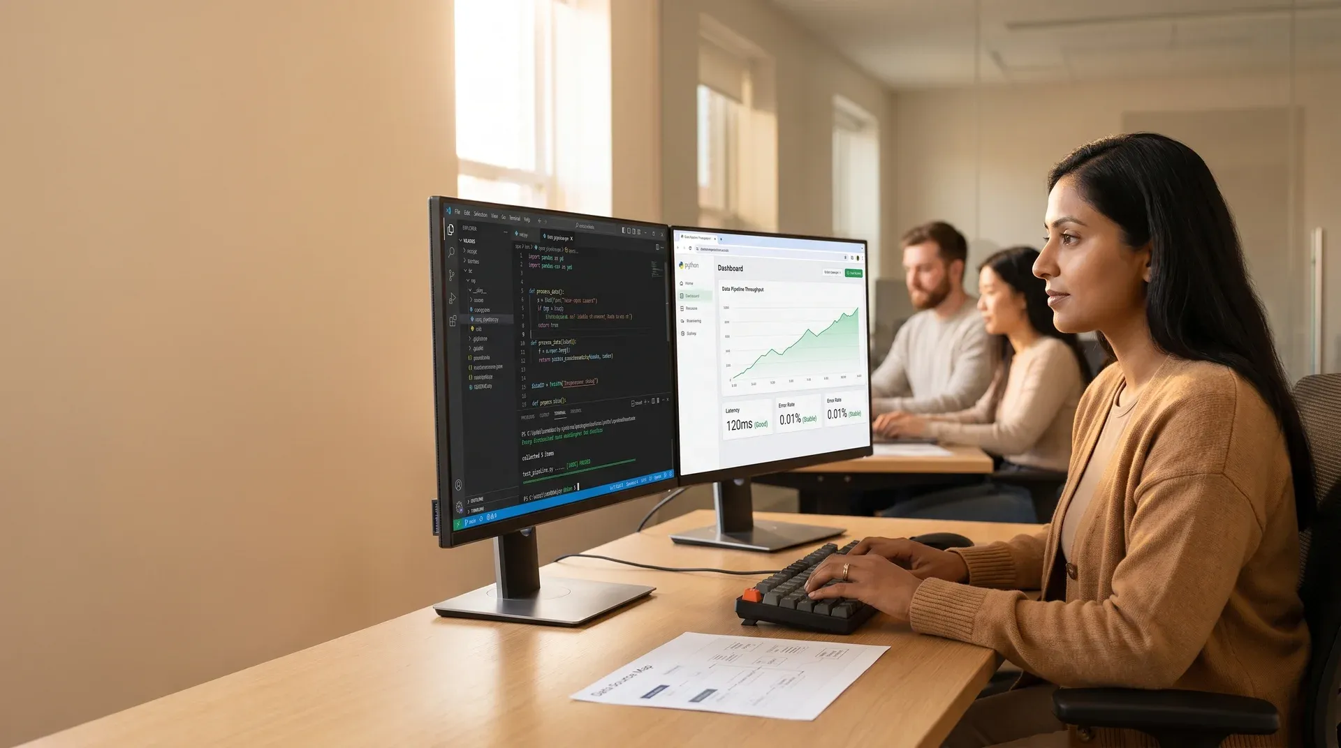 Python data engineer reviewing live pipeline output on monitors with natural morning window light Python data engineer reviewing live pipeline output on monitors with natural morning window light