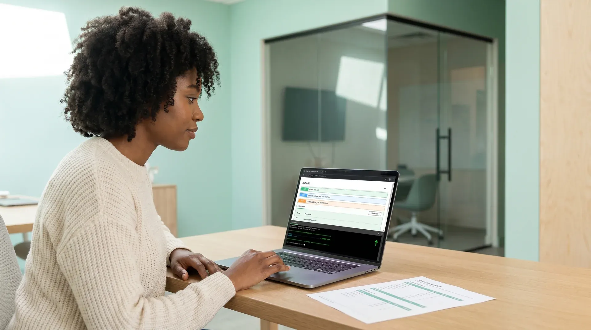 Data analyst at a clean desk reviewing a healthy live Python pipeline and FastAPI docs, calm and satisfied, natural daylight Data analyst at a clean desk reviewing a healthy live Python pipeline and FastAPI docs, calm and satisfied, natural daylight