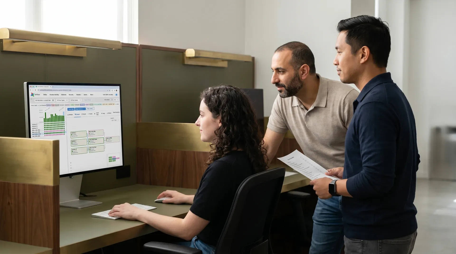 Data engineering team at monitors reviewing live migration pipeline status with green indicators, natural office light Data engineering team at monitors reviewing live migration pipeline status with green indicators, natural office light