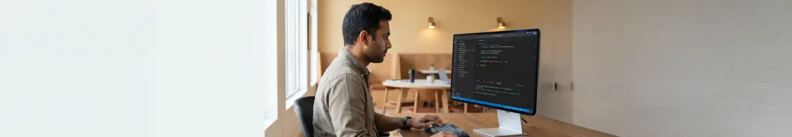 .NET developer reviewing clean minimal API architecture in VS Code at modern workstation with natural side window light .NET developer reviewing clean minimal API architecture in VS Code at modern workstation with natural side window light