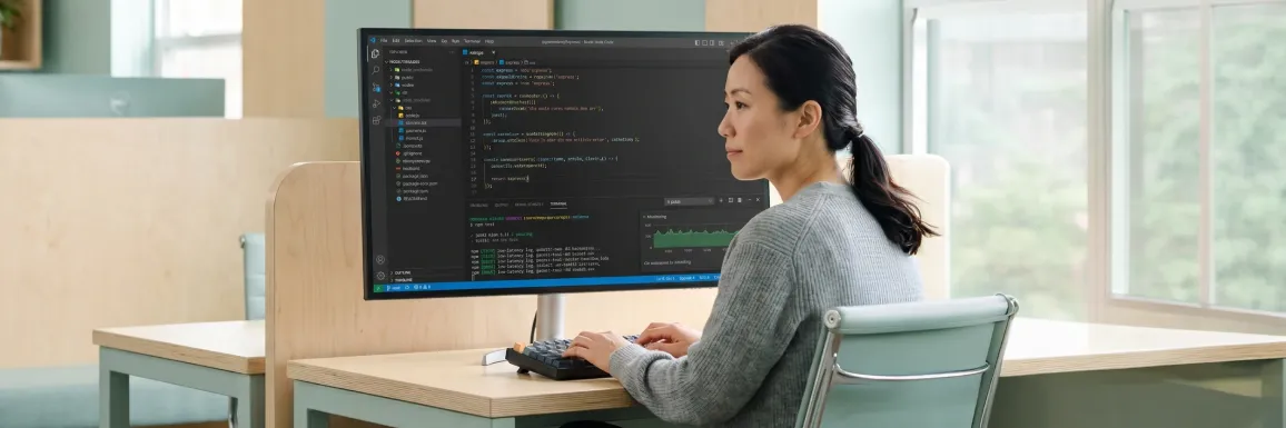 Backend engineer calmly reviewing the modernized Node.js service in VS Code β green passing npm test suite and a healthy stable monitoring chart, the resolved state after replacing the overloaded legacy server Backend engineer calmly reviewing the modernized Node.js service in VS Code β green passing npm test suite and a healthy stable monitoring chart, the resolved state after replacing the overloaded legacy server