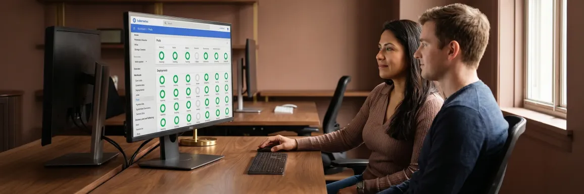 Platform engineering team deploying new microservices, a real Kubernetes Dashboard on the monitor showing all pods green and Running, satisfied, modern office, natural light Platform engineering team deploying new microservices, a real Kubernetes Dashboard on the monitor showing all pods green and Running, satisfied, modern office, natural light