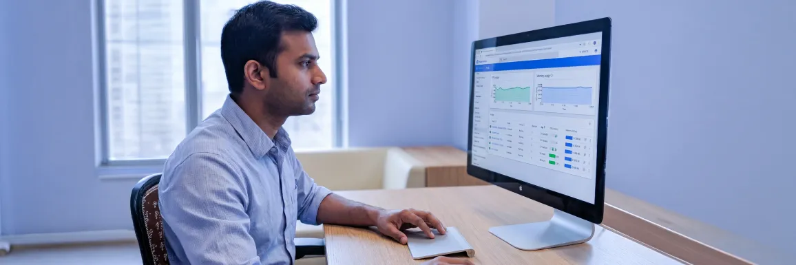 Node.js backend engineer reviewing a real Kubernetes health dashboard on a large monitor — pods Running, healthy green status, stable CPU/memory — modern office, natural window light