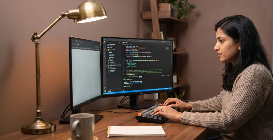 Frontend developer focused on React component code across two monitors with warm desk lamp light, side angle, no eye contact Frontend developer focused on React component code across two monitors with warm desk lamp light, side angle, no eye contact
