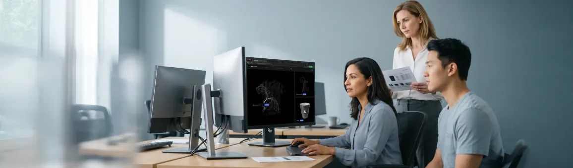 Product team reviewing a live React-powered B2B storefront on large monitors in a modern workspace, side-lit, focused, no eye contact Product team reviewing a live React-powered B2B storefront on large monitors in a modern workspace, side-lit, focused, no eye contact