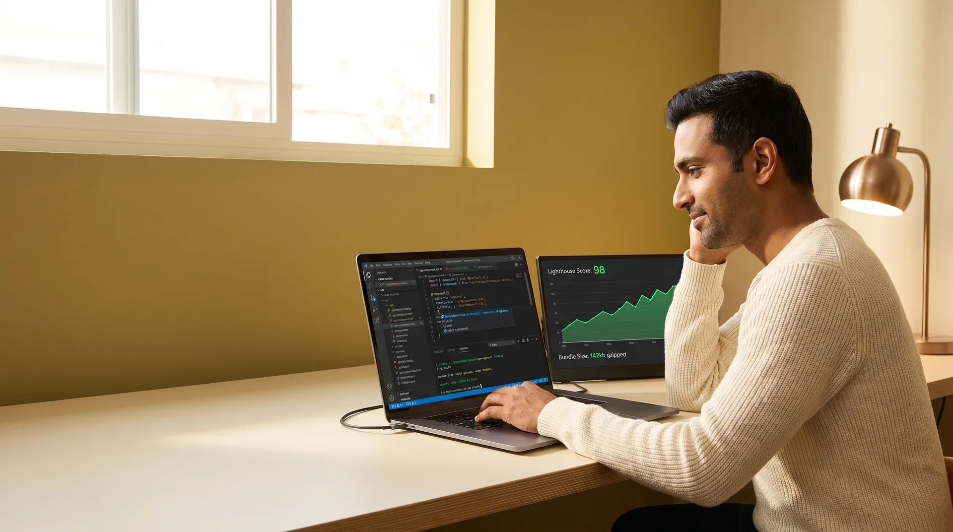 Developer experiencing friction reviewing a tangled legacy Angular frontend codebase, natural window light Developer experiencing friction reviewing a tangled legacy Angular frontend codebase, natural window light