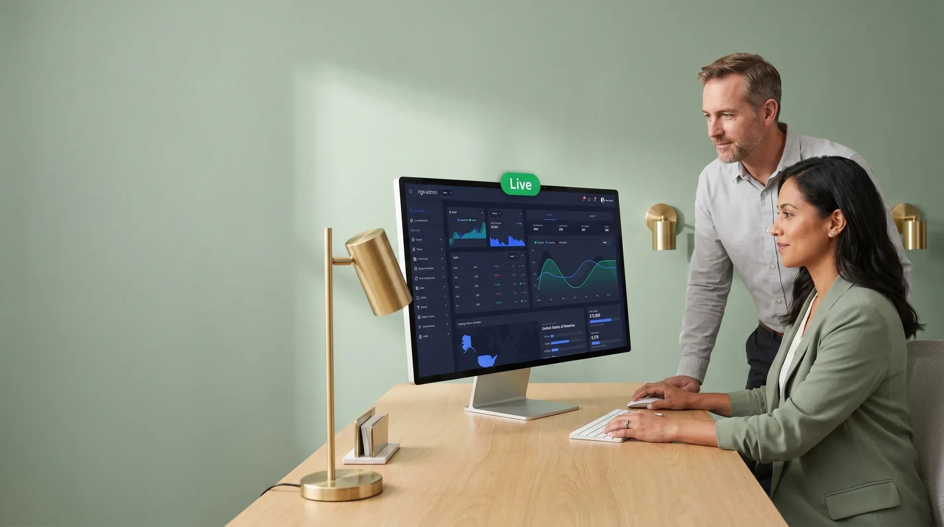 Business-to-business operations team reviewing live data on rebuilt enterprise platform, large monitor, side lighting Business-to-business operations team reviewing live data on rebuilt enterprise platform, large monitor, side lighting